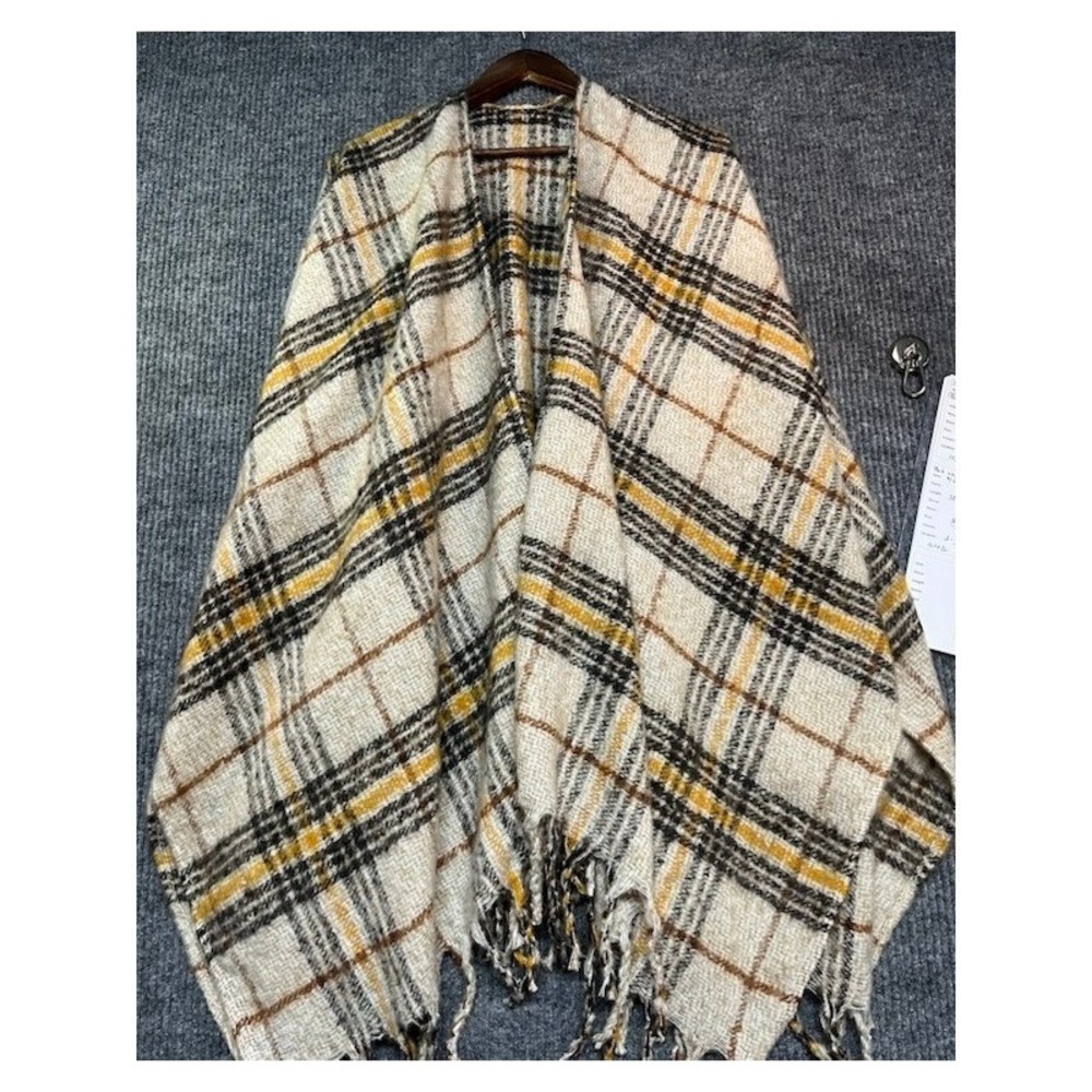 Unbranded Plaid Poncho Wrap Fringed Shawl Cream Mustard Yellow Black One Size